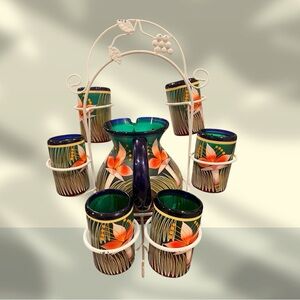 Beautiful hand painted art glass pitcher and 6 Glasses from Mexico.